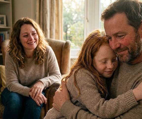 Father hugs red-haired daughter while woman smiles nearby in a cozy living room