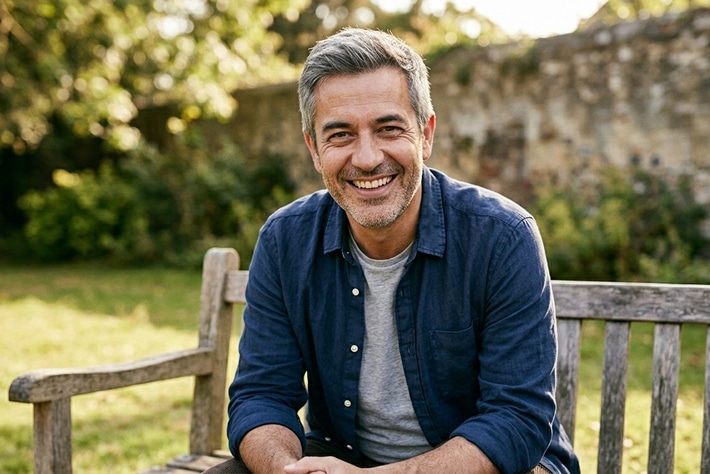 Smiling gray-haired man sitting on a wooden bench in a sunlit garden