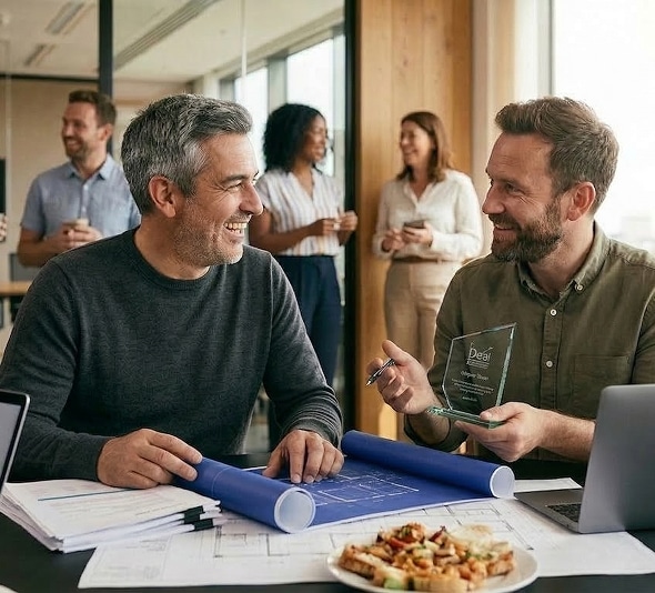 Two men review blueprints as one shows an award in an office