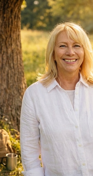 Smiling blonde woman in a white shirt outdoors by a tree