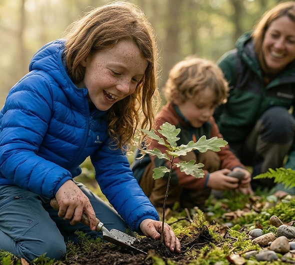 A smiling girl in a blue jacket plants a small tree seedling in a forest while another child and an adult watch, all appearing happy and engaged in the outdoor activity.