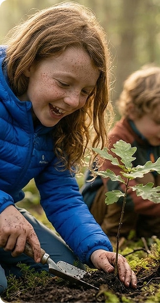 Child in a blue jacket plants a sapling in a wooded area