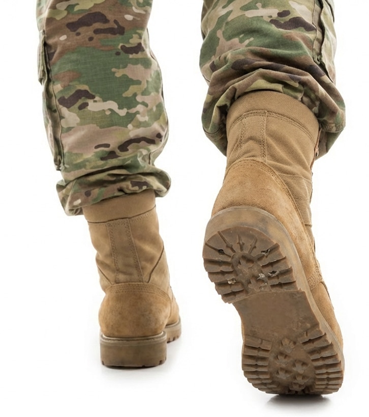Tan military boots viewed from behind with camouflage pants and treaded soles