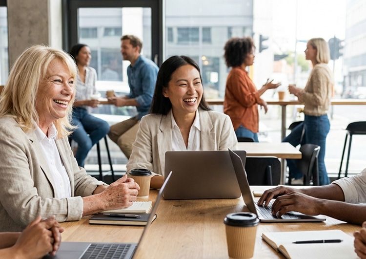 Colleagues laughing around a table with laptops in a bright office café