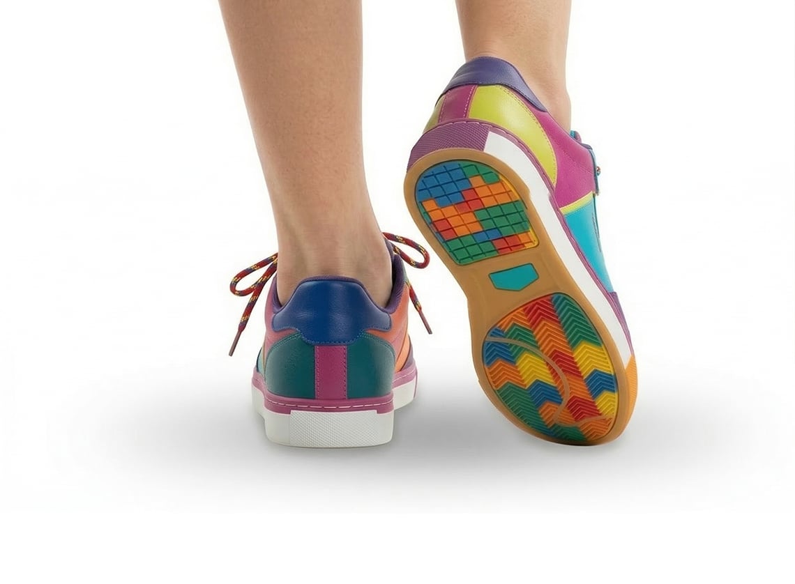 Bright multicolored sneakers shown from the back with patterned soles visible