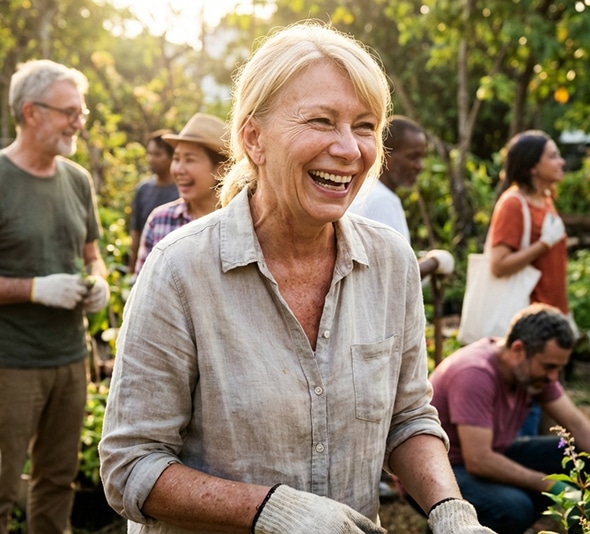 Smiling woman in gardening gloves with people working in a community garden