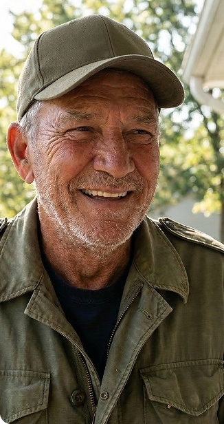 Smiling older man in a green cap and jacket outdoors