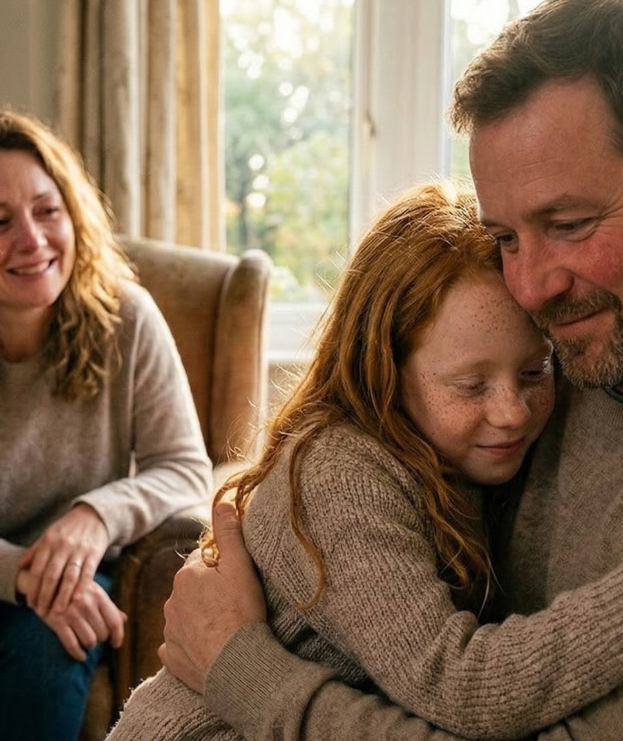 Father hugs red-haired daughter while woman smiles nearby in a cozy room