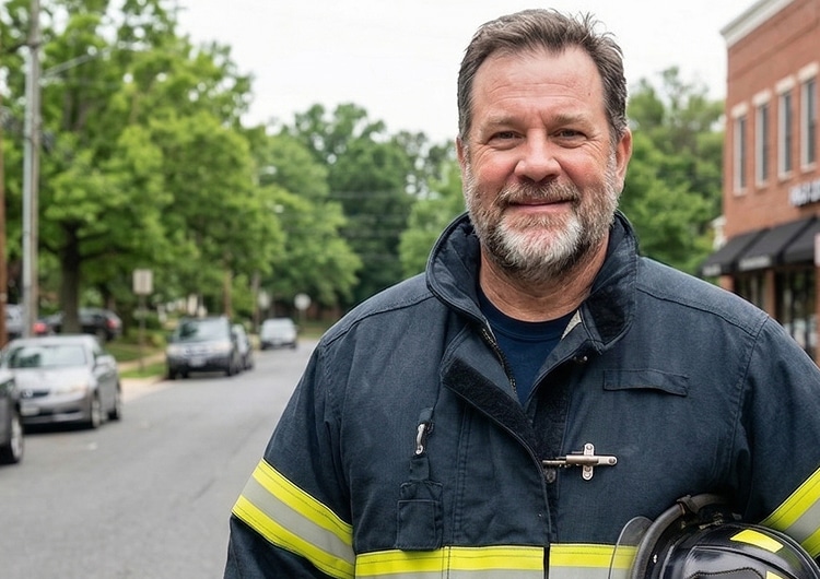 Smiling firefighter in uniform holding a helmet on a tree-lined street