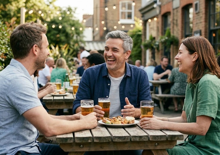 Three friends laughing over drinks at an outdoor pub table