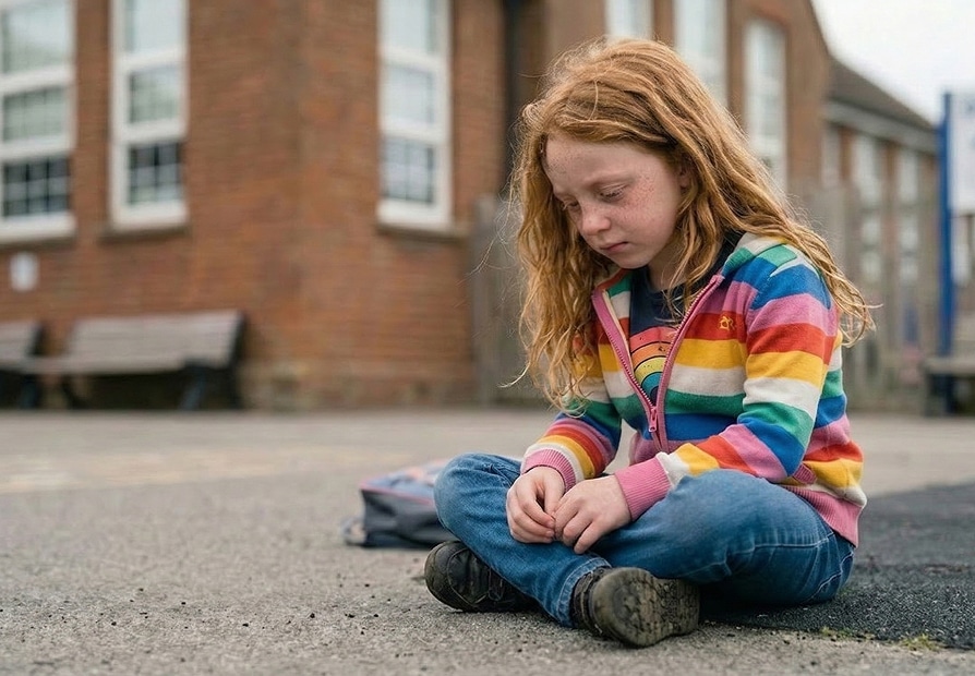 Sad red-haired girl sits alone on pavement outside a brick building