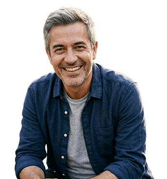 Smiling gray-haired man in a blue shirt against a plain background