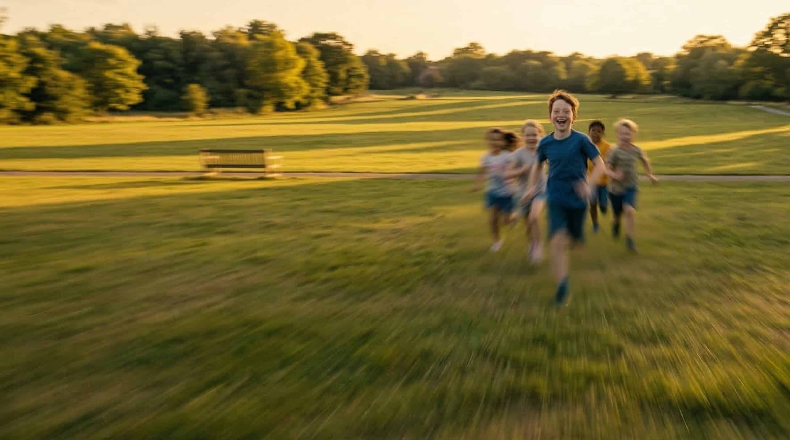 A group of children joyfully runs across a vast, sunlit field in the late afternoon, surrounded by lush green trees, conveying a sense of freedom and play.