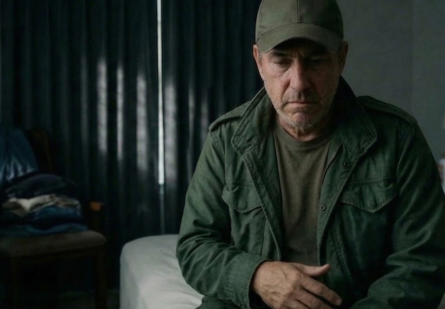 Pensive man in a green jacket sits on a bed in a dim room