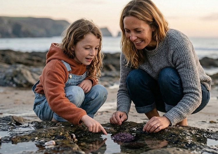Woman and child explore a tide pool together on a rocky beach