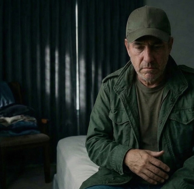Pensive man in a green jacket sits on a bed in a dim room