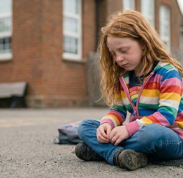 Sad red-haired girl sits alone on pavement outside a brick building
