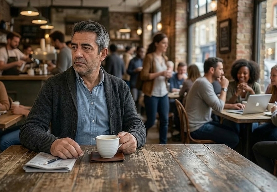 Thoughtful man sits alone with coffee in a busy café