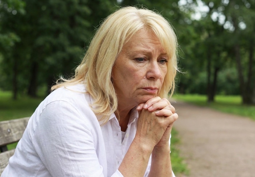 Concerned blonde woman rests her chin on clasped hands on a park bench