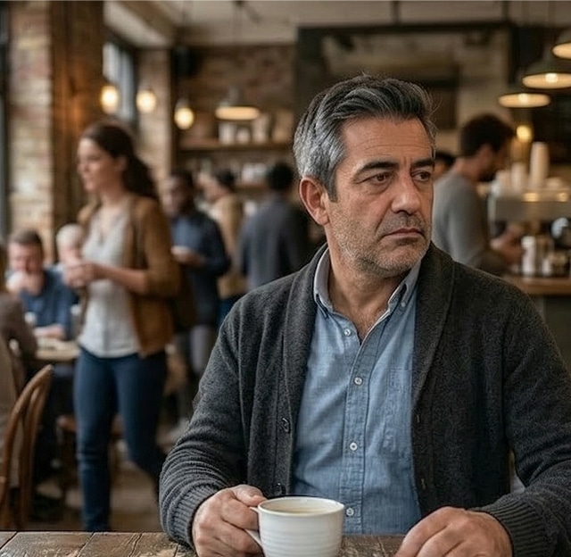Thoughtful gray-haired man holding a coffee cup in a busy café