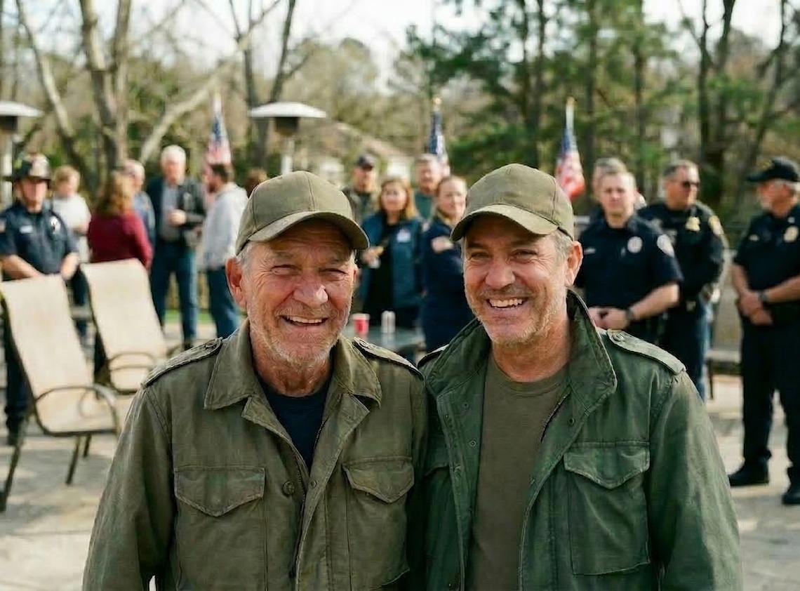 Two smiling men in matching green jackets at an outdoor gathering