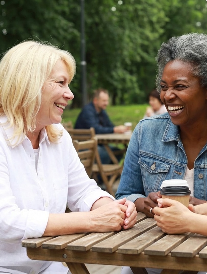 Two women laughing together at an outdoor table with coffee