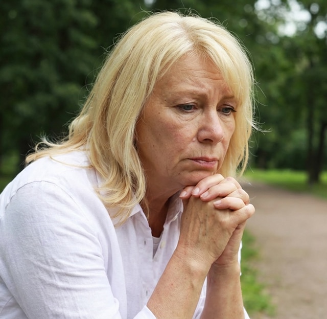 Concerned blonde woman rests her chin on clasped hands in a park