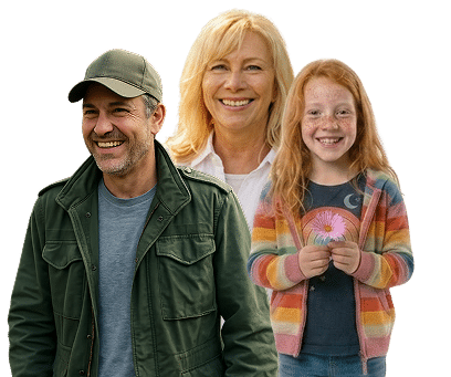 Smiling man in green jacket and cap standing with a woman and young girl holding a flower, isolated on transparent background