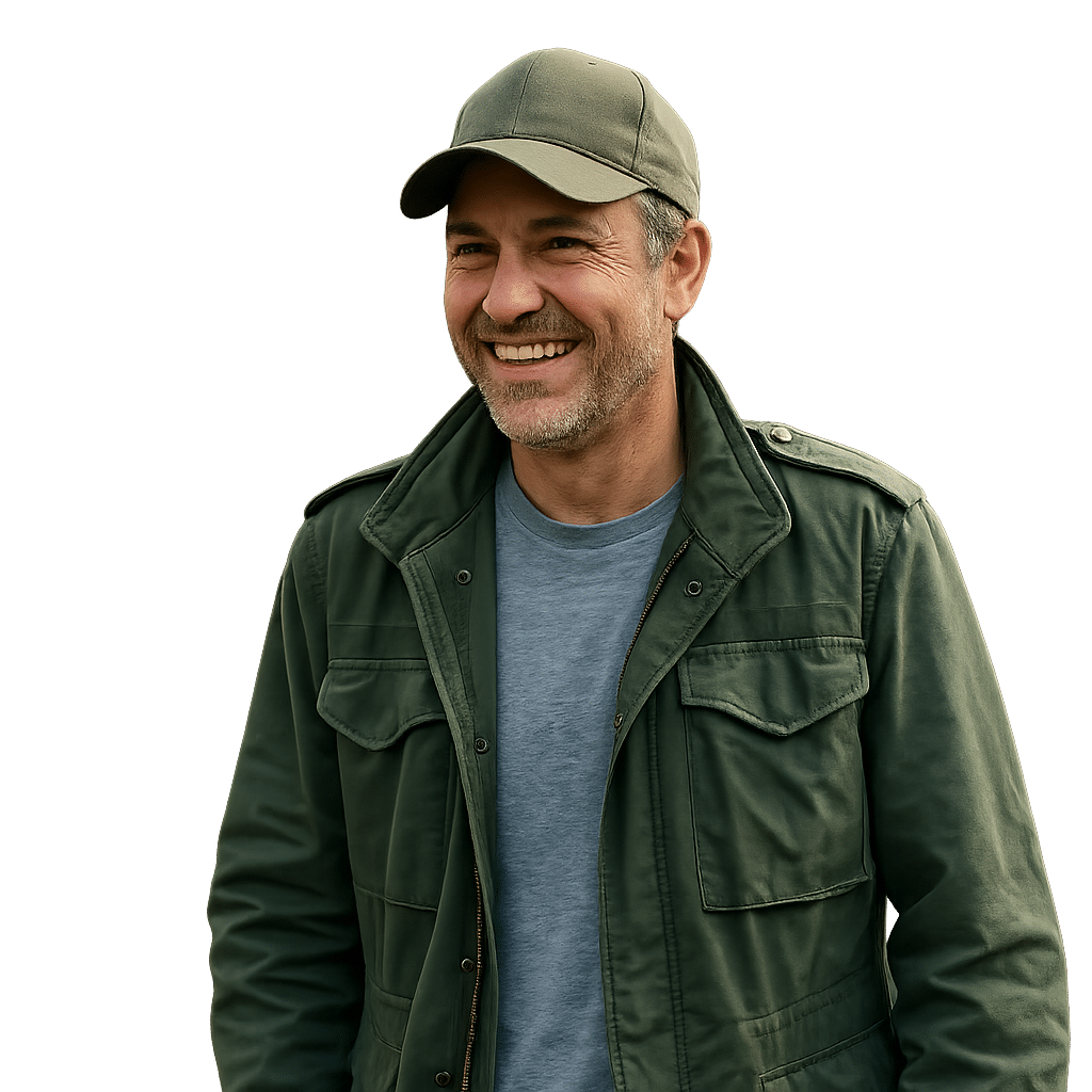 Smiling middle-aged man wearing a green jacket and baseball cap, isolated on transparent background