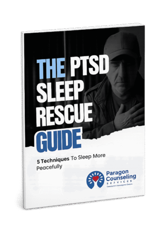 Book cover titled ‘The PTSD Sleep Rescue Guide’ featuring a somber man in a cap holding his chest, with subtitle ‘5 Techniques to Sleep More Peacefully’ and Paragon Counseling Services logo.